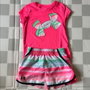 Under Armour Hot Pink Tee with Multi-Striped Athletic Shorts